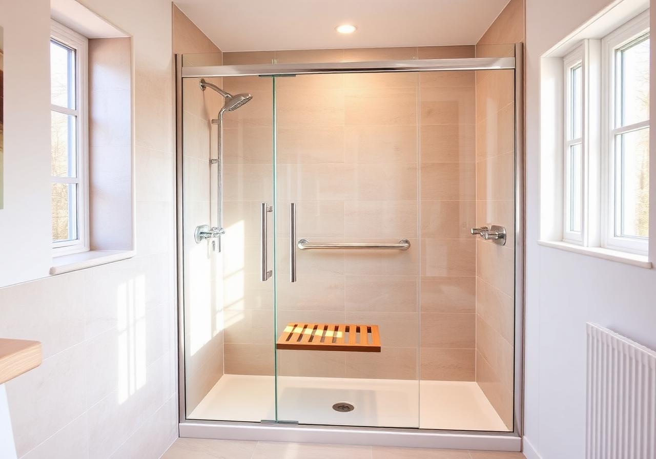 Salle de bain adaptée séniors avec douche à l'italienne et barres de maintien